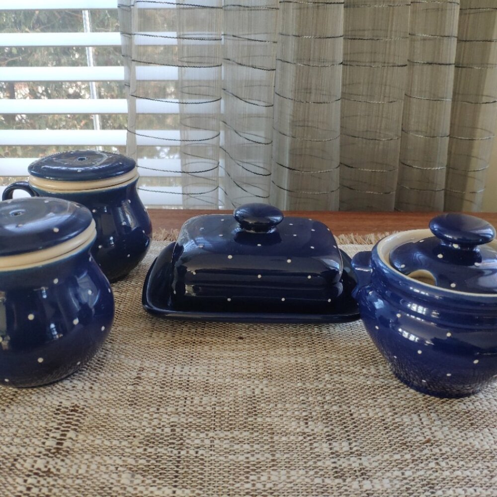 RKM Rheinsberger Germany Set of 4, VTG Jam Pot, Butter Dish, Tea Mug signed,